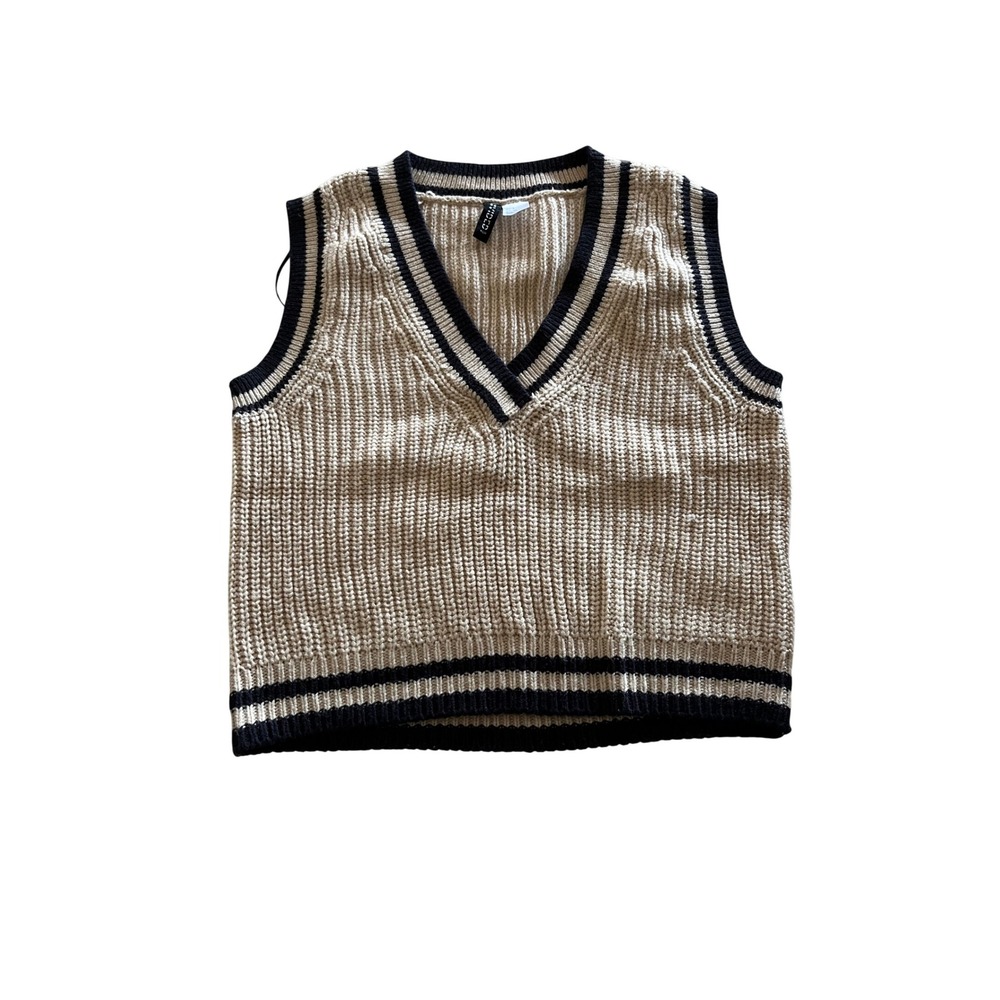 HM Divided Womens Beige Navy Blue Ribbed V-Neck Sweater Vest Varsity Size S